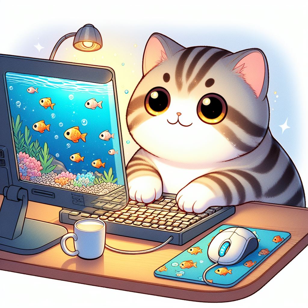 パソコンをしている猫のイラスト