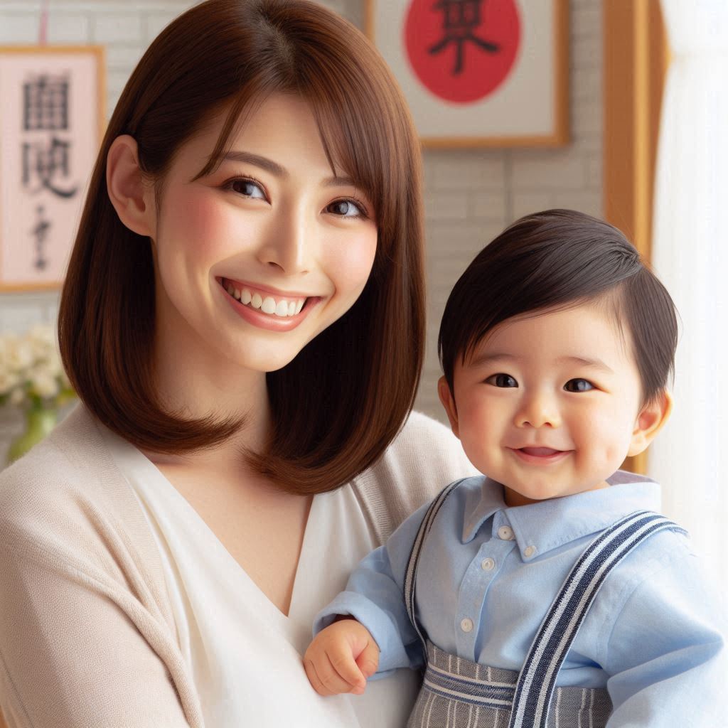 笑顔のママと男の子のAI生成画像